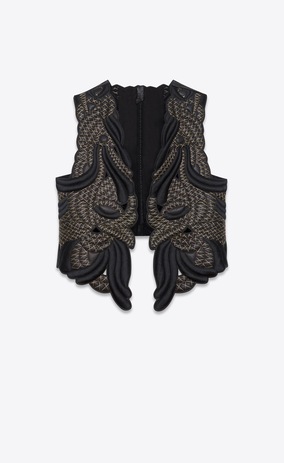 SAINT LAURENT Leather jacket Woman Black leather vest with gold-colored embroidery a_V4